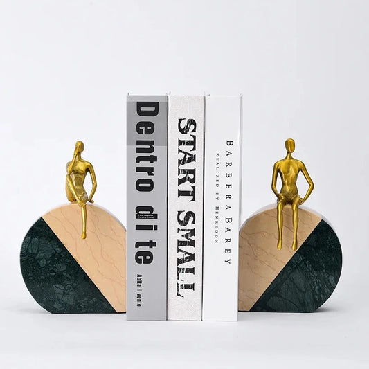 Natural Marble Luxury Brass Metal Character Bookends
