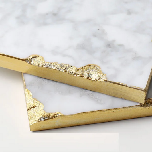 European Hand-Crafted Rectangular Gold Edge Marble Trays