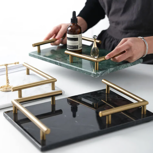 European Elegant Hand-Crafted Gold Marble Storage Tray