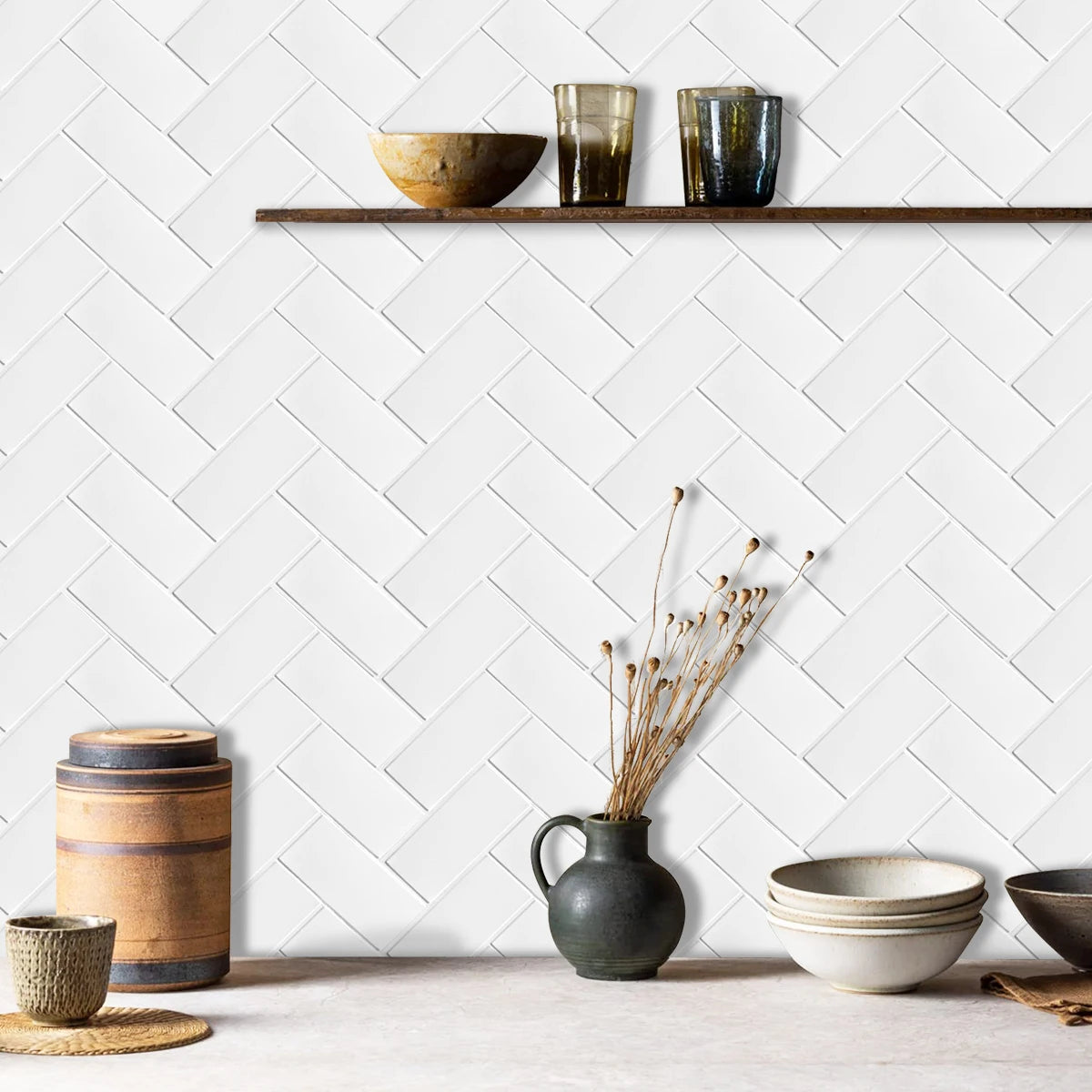 Munich Wall Tile Panels Herringbone - White