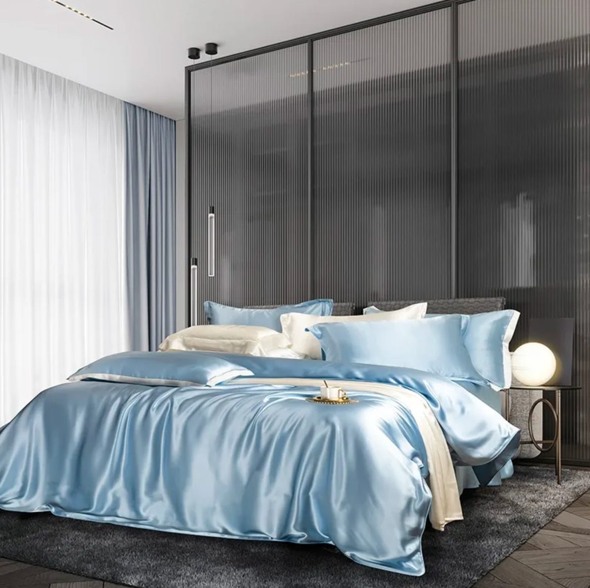 Premium Sky Blue Mulberry Silk Bedding Set