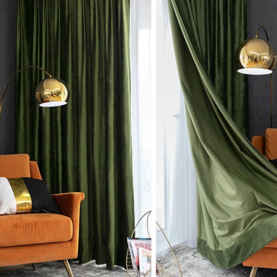 AŚENA Thick Luxury Blackout Velvet Curtain - Olive Green