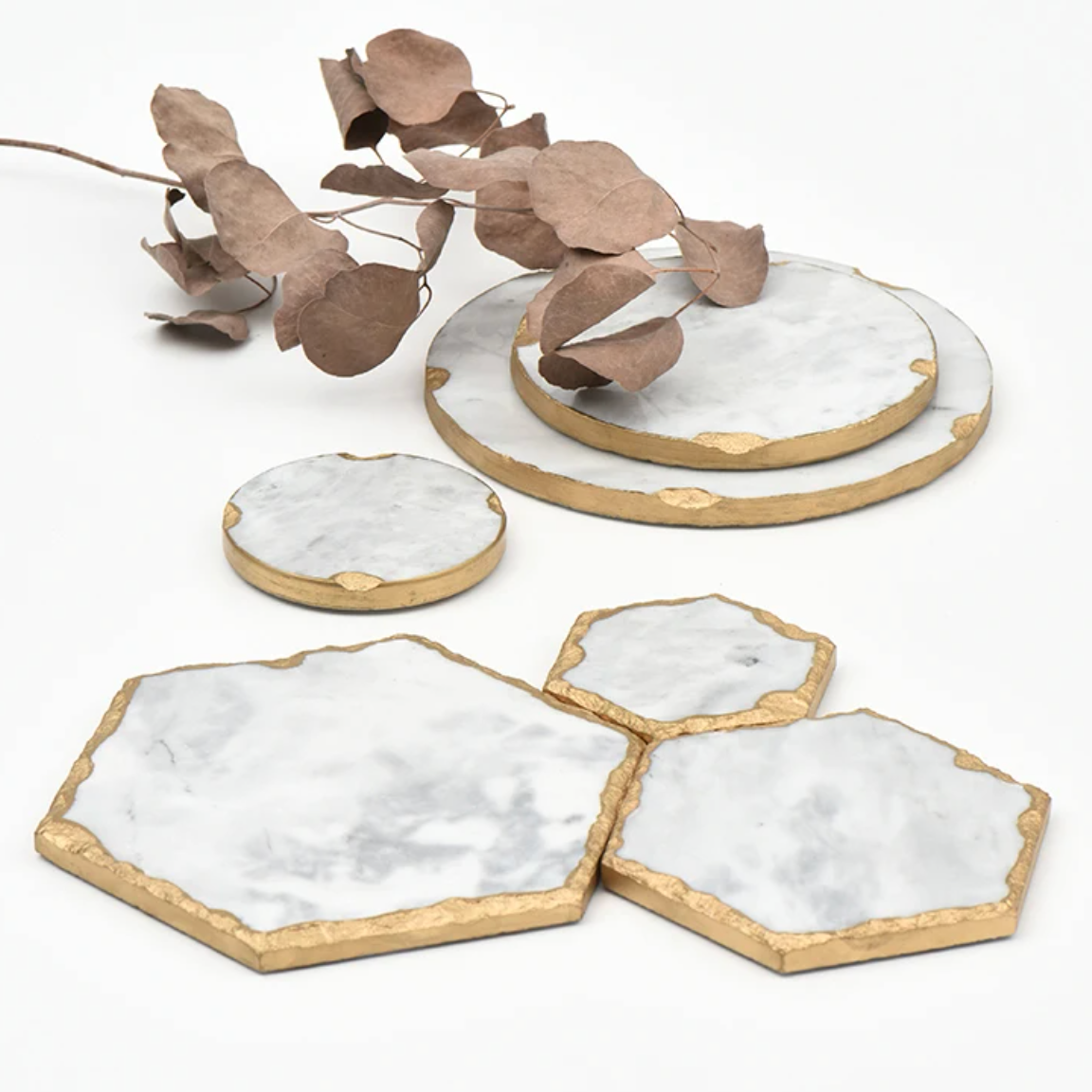 European Hand-Crafted Gold Edge Marble Trays - White