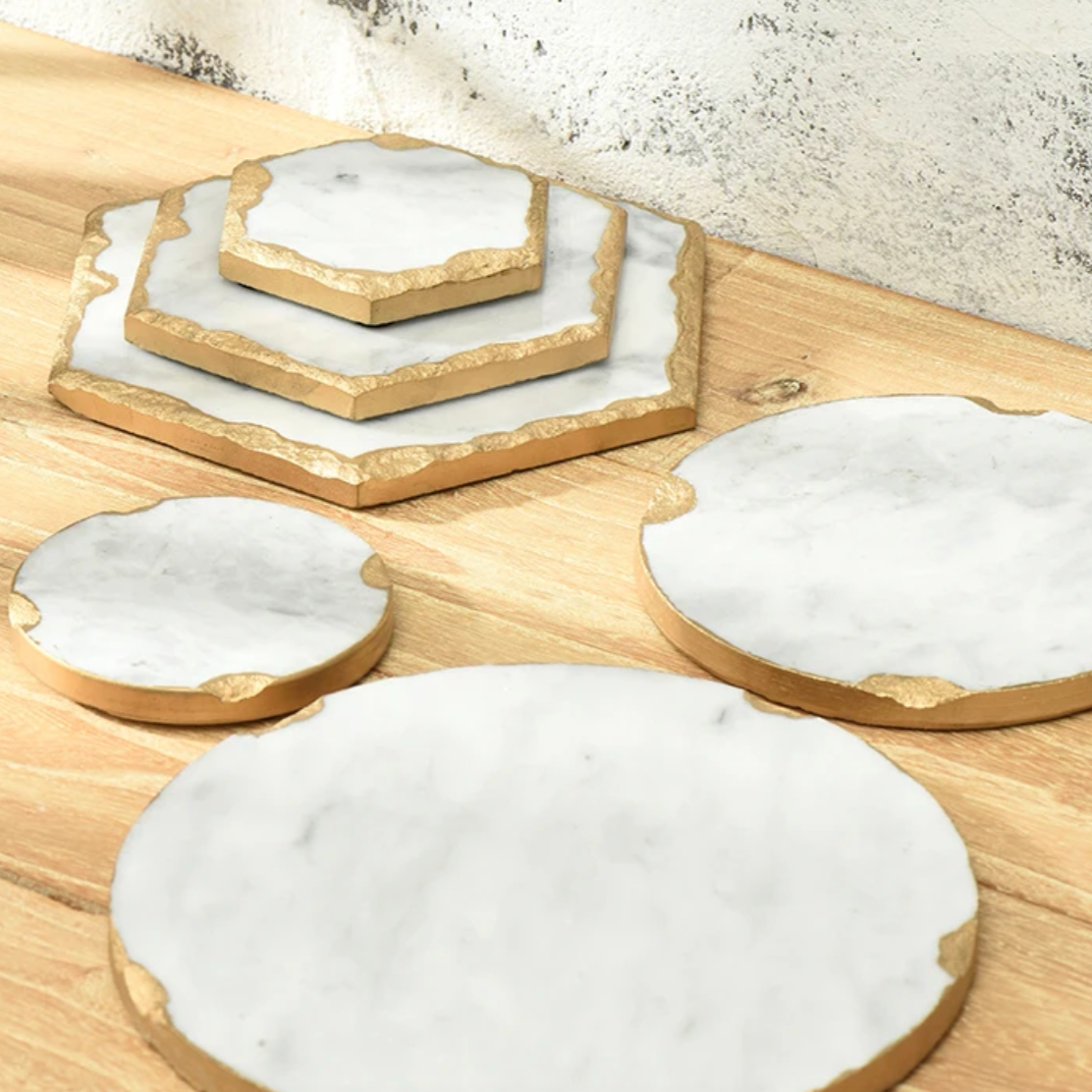 European Hand-Crafted Gold Edge Marble Trays - White