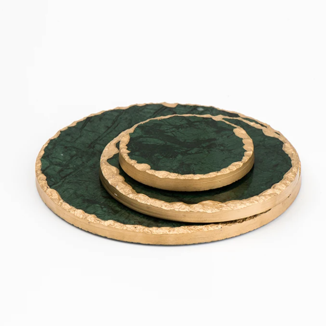 European Hand-Crafted Gold Edge Marble Trays - Green