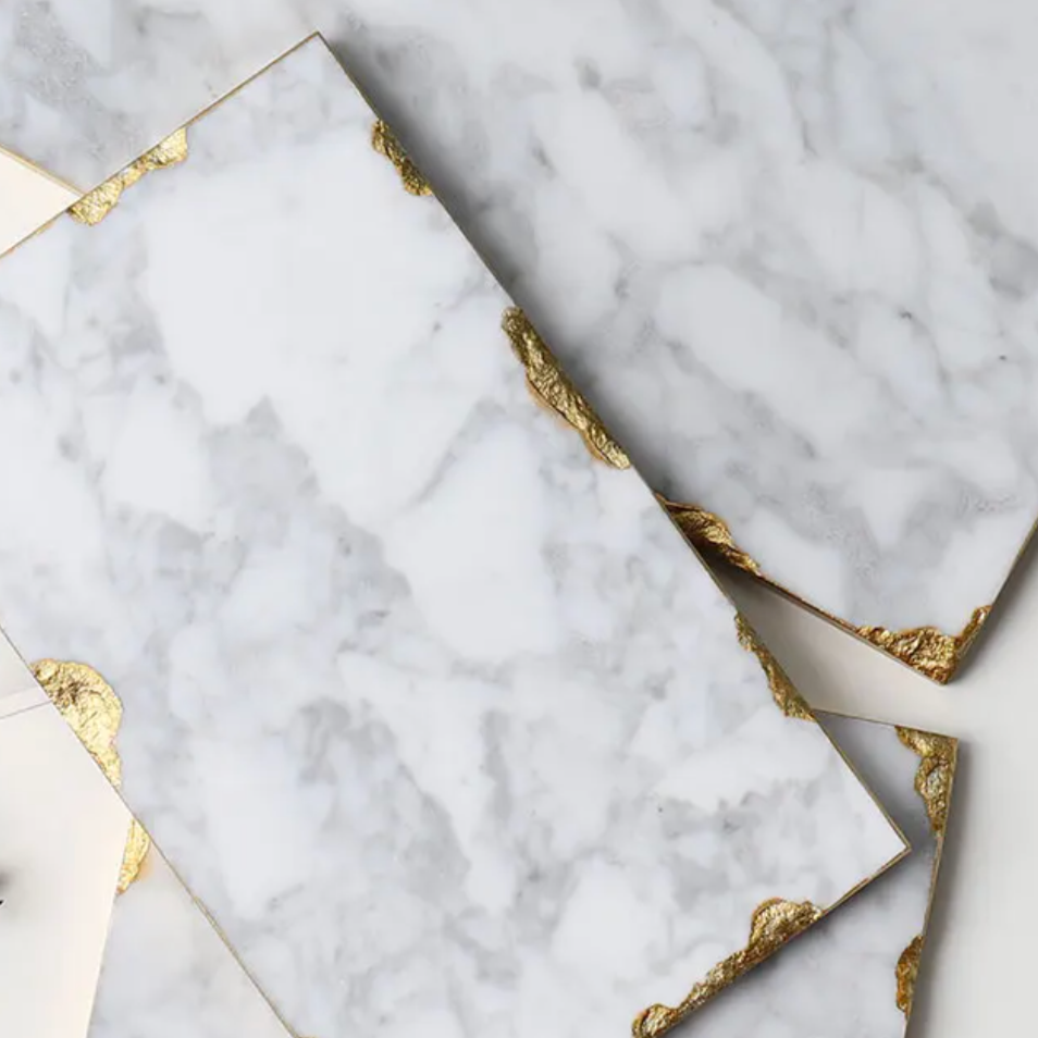 European Hand-Crafted Rectangular Gold Edge Marble Trays